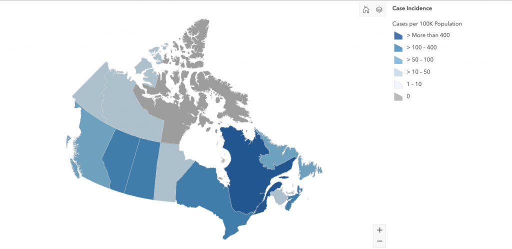 This is an image of the current amount of total cases in the provinces and territories of Canada.