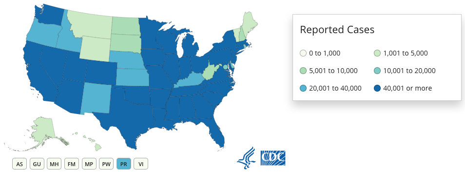 This is an image from the CDC that demonstrates the number of cases in the United States, the nation with the most number of total cases, by the states.