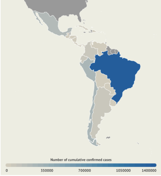 The map depicts the prevalence of COVID-19 cases in Latin American countries.